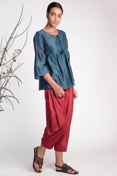 Umbar Wine Silk Cotton Blend Pleated Pants Online at Aza Fashions Umbar_Wine Silk Cotton Blend Pleated Pants_Online_at_Aza_Fashions