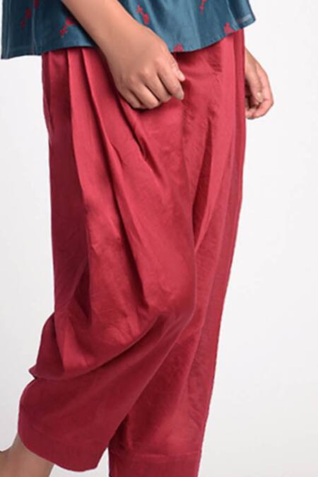 Buy Umbar Wine Silk Cotton Blend Pleated Pants Online at Aza Fashions Buy_Umbar_Wine Silk Cotton Blend Pleated Pants_Online_at_Aza_Fashions