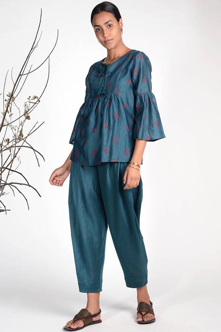 Umbar_Blue Silk Cotton Blend Pleated Pants_Online_at_Aza_Fashions