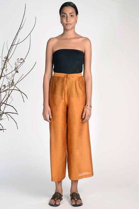 Umbar_Yellow Silk And Cotton Blend High Waist Culottes_Online_at_Aza_Fashions