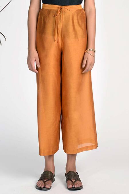Buy_Umbar_Yellow Silk And Cotton Blend High Waist Culottes_Online_at_Aza_Fashions