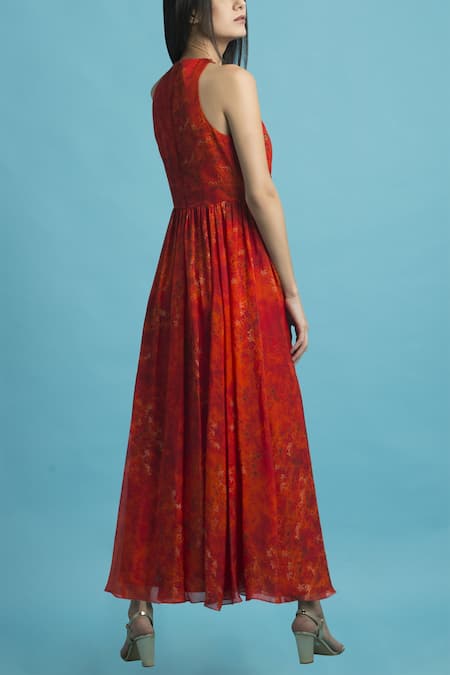Shop Saksham & Neharicka Red Flat Chiffon Halter Neck Printed Midi Dress at Aza Fashions Shop_Saksham & Neharicka_Red Flat Chiffon Halter Neck Printed Midi Dress _at_Aza_Fashions