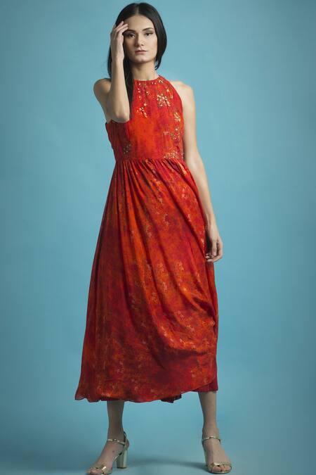Saksham & Neharicka Red Flat Chiffon Halter Neck Printed Midi Dress Online at Aza Fashions Saksham & Neharicka_Red Flat Chiffon Halter Neck Printed Midi Dress _Online_at_Aza_Fashions