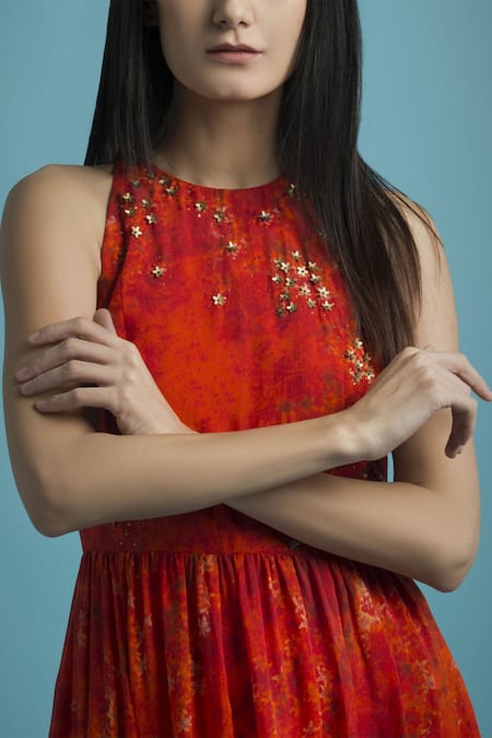Buy Saksham & Neharicka Red Flat Chiffon Halter Neck Printed Midi Dress Online at Aza Fashions Buy_Saksham & Neharicka_Red Flat Chiffon Halter Neck Printed Midi Dress _Online_at_Aza_Fashions