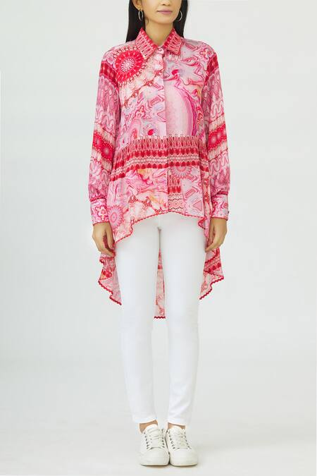 Shop_Siddhartha Bansal_Red Pure Satin Shirt Collar Printed Asymmetric Top _Online_at_Aza_Fashions