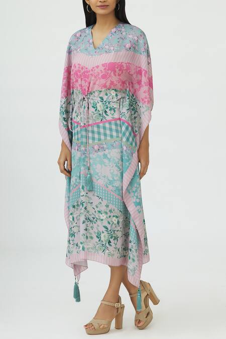 Siddhartha Bansal_Green Laser Satin V-shaped Printed Kaftan _Online_at_Aza_Fashions