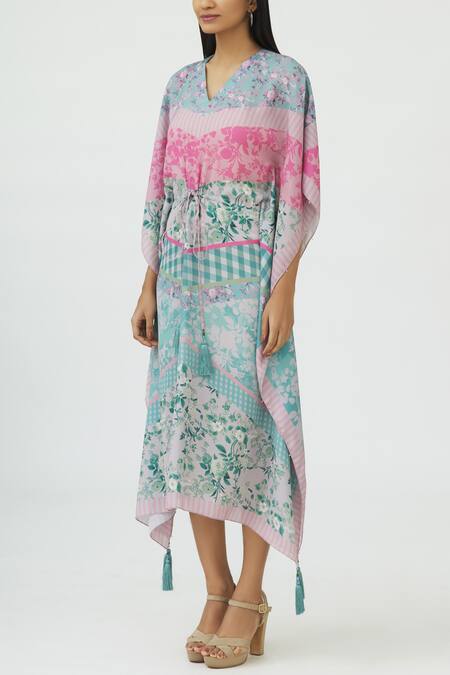 Buy_Siddhartha Bansal_Green Laser Satin V-shaped Printed Kaftan _Online_at_Aza_Fashions