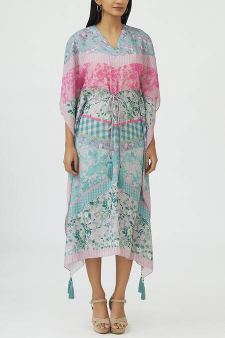 Shop_Siddhartha Bansal_Green Laser Satin V-shaped Printed Kaftan _Online_at_Aza_Fashions