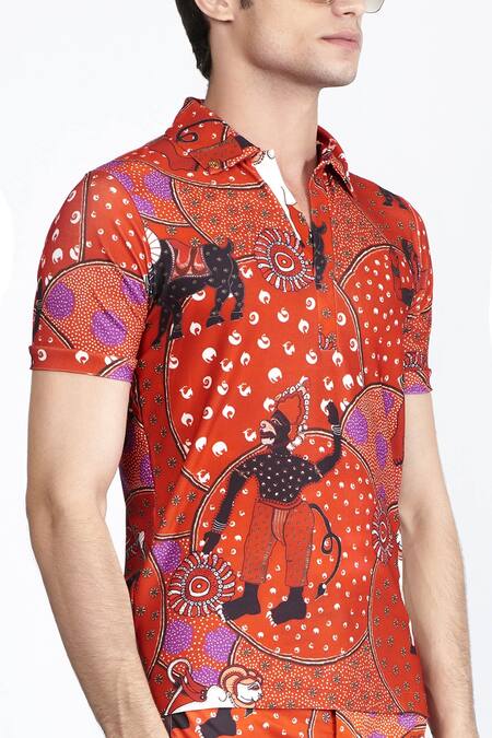 Shivan & Narresh_Red Printed Polo T-shirt_Online_at_Aza_Fashions