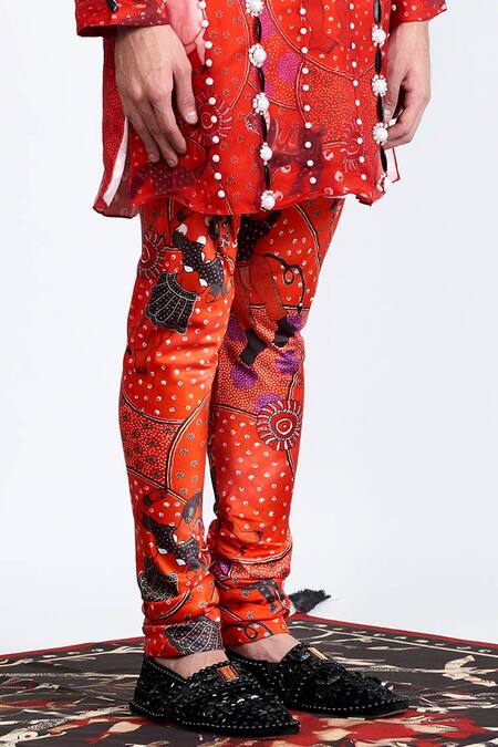 Shivan & Narresh_Orange Stone Crepe Printed Pants_Online_at_Aza_Fashions