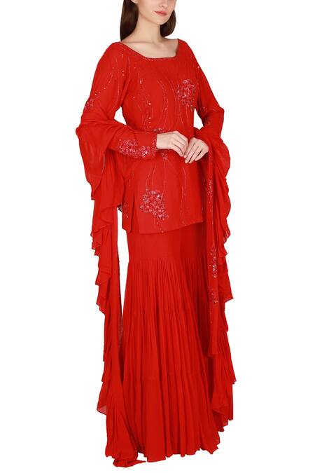 Julie By Julie Shah Red Georgette Round Embroidered Kurta Sharara Set  3