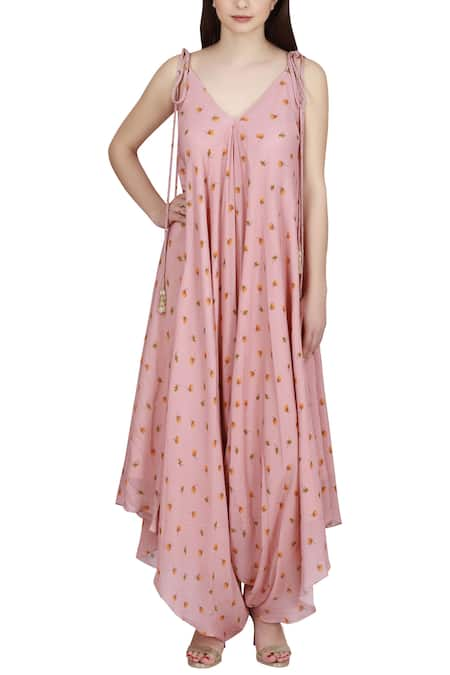 Julie by Julie Shah Pink Crepe V Neck Printed Dhoti Style Jumpsuit 