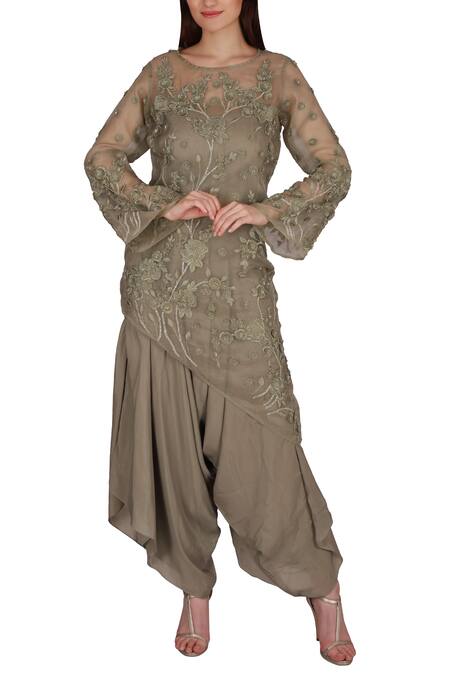 Julie by Julie Shah Green Organza Round Embroidered Dhoti Kurta Set 