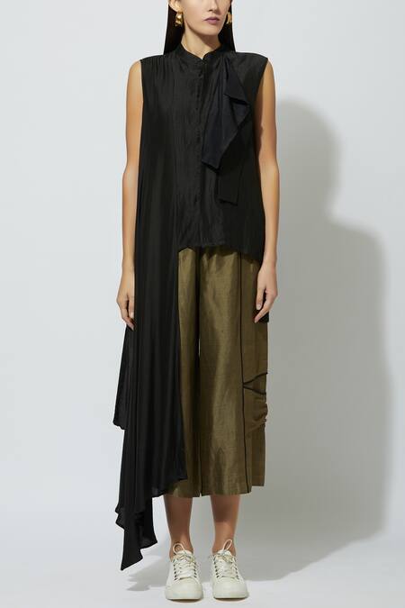 Shop_Ezra_Black Cotton Satin Draped Top_Online_at_Aza_Fashions