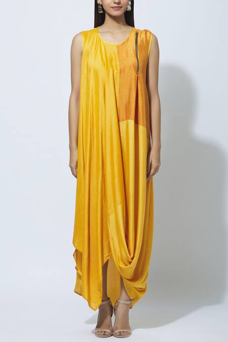 Shop Ezra Yellow Dupion Silk Draped Maxi Dress Online at Aza Fashions Shop_Ezra_Yellow Dupion Silk Draped Maxi Dress_Online_at_Aza_Fashions