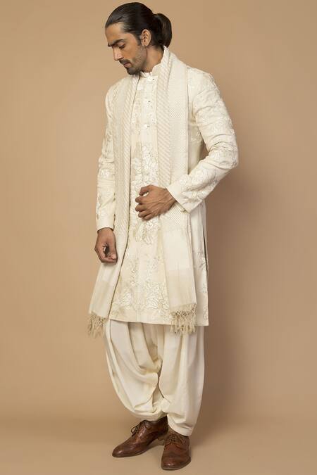 Siddartha Tytler_Off White Matka Silk Sherwani Set _Online_at_Aza_Fashions