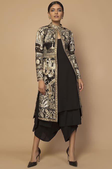 Siddartha Tytler Black Organza Embroidered Long Jacket