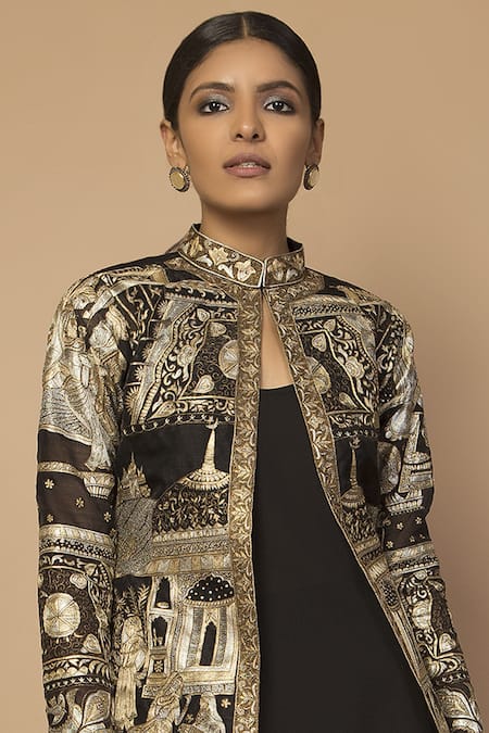 Siddartha Tytler_Black Organza Embroidered Long Jacket_Online_at_Aza_Fashions