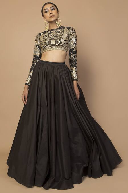 Siddartha Tytler Black Tafette Flared Maxi Skirt
