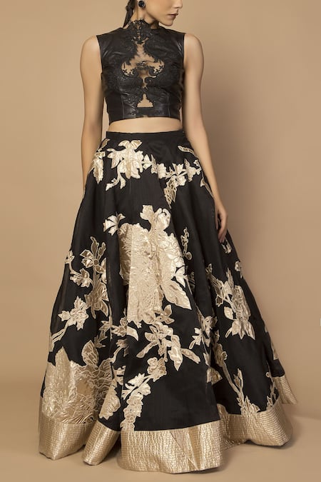 Siddartha Tytler_Black Faux Leather Round Embroidered Crop Top _Online_at_Aza_Fashions