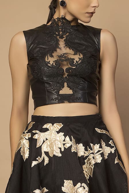Buy_Siddartha Tytler_Black Faux Leather Round Embroidered Crop Top _Online_at_Aza_Fashions