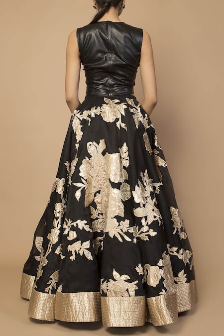 Shop_Siddartha Tytler_Black Dupion, Lamme Embroidered Lehenga _at_Aza_Fashions