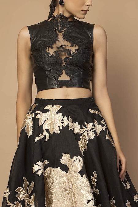Siddartha Tytler_Black Dupion, Lamme Embroidered Lehenga _Online_at_Aza_Fashions