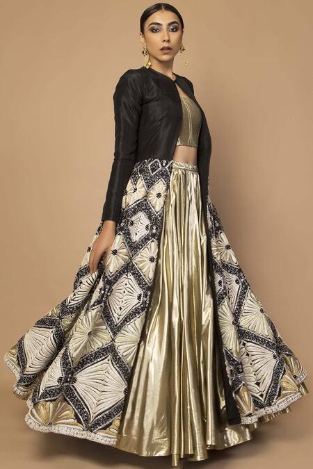 Siddartha Tytler Black Dupion Embroidered Jacket Lehenga Set