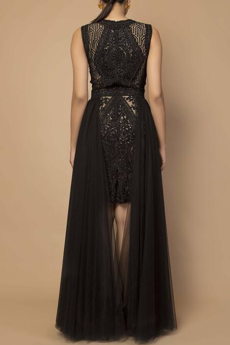 Shop Siddartha Tytler Black Net Round Embellished Draped Gown at Aza Fashions Shop_Siddartha Tytler_Black Net Round Embellished Draped Gown_at_Aza_Fashions