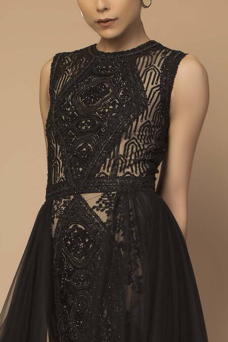 Buy Siddartha Tytler Black Net Round Embellished Draped Gown Online at Aza Fashions Buy_Siddartha Tytler_Black Net Round Embellished Draped Gown_Online_at_Aza_Fashions