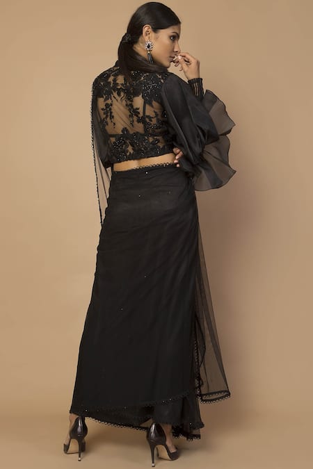 Shop_Siddartha Tytler_Black Organza, Net Band Collar Embellished Saree With Blouse _at_Aza_Fashions