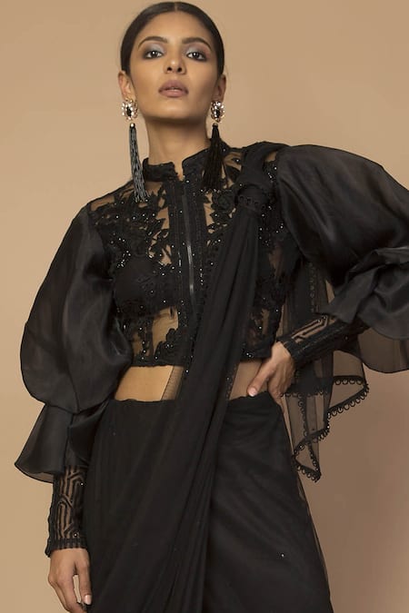 Siddartha Tytler_Black Organza, Net Band Collar Embellished Saree With Blouse _Online_at_Aza_Fashions