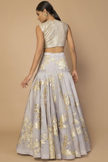 Shop_Siddartha Tytler_Grey Organza Round Embroidered Lehenga Set _at_Aza_Fashions