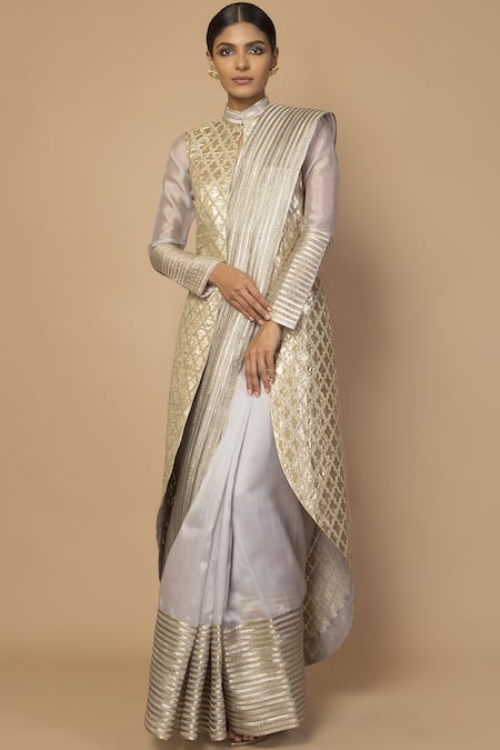 Siddartha Tytler Grey Organza Embroidered Saree With Jacket