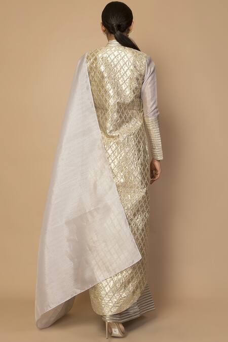 Shop_Siddartha Tytler_Grey Organza Embroidered Saree With Jacket_at_Aza_Fashions