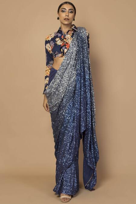 Buy_Siddartha Tytler_Blue Georgette, Knit Spread Collar Sequin Embellished Saree With Blouse_Online_at_Aza_Fashions