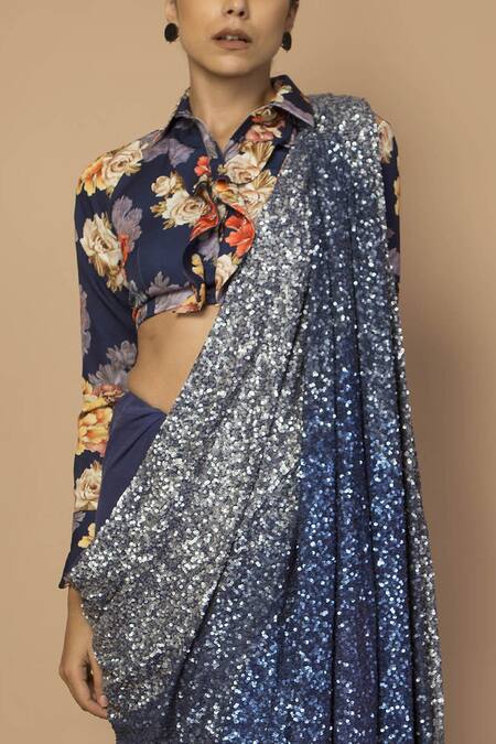 Siddartha Tytler_Blue Georgette, Knit Spread Collar Sequin Embellished Saree With Blouse_Online_at_Aza_Fashions