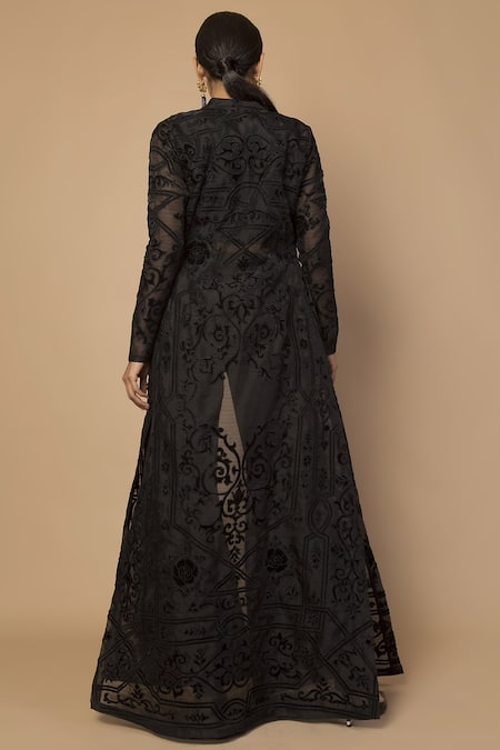 Shop Siddartha Tytler Black Organza, Velvet Stand Collar Embroidered Long Jacket at Aza Fashions Shop_Siddartha Tytler_Black Organza, Velvet Stand Collar Embroidered Long Jacket _at_Aza_Fashions
