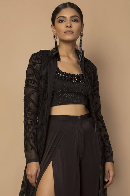 Siddartha Tytler_Black Organza, Velvet Stand Collar Embroidered Long Jacket _Online_at_Aza_Fashions