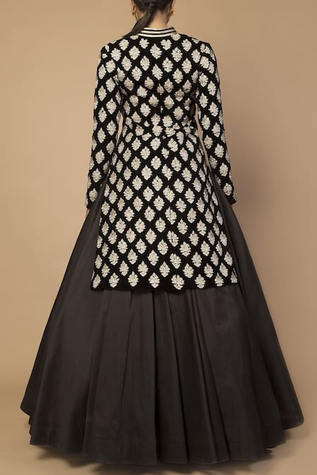 Shop Siddartha Tytler Black Velvet Stand Collar Embroidered Long Jacket at Aza Fashions Shop_Siddartha Tytler_Black Velvet Stand Collar Embroidered Long Jacket _at_Aza_Fashions