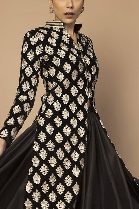 Siddartha Tytler_Black Velvet Stand Collar Embroidered Long Jacket  _Online_at_Aza_Fashions