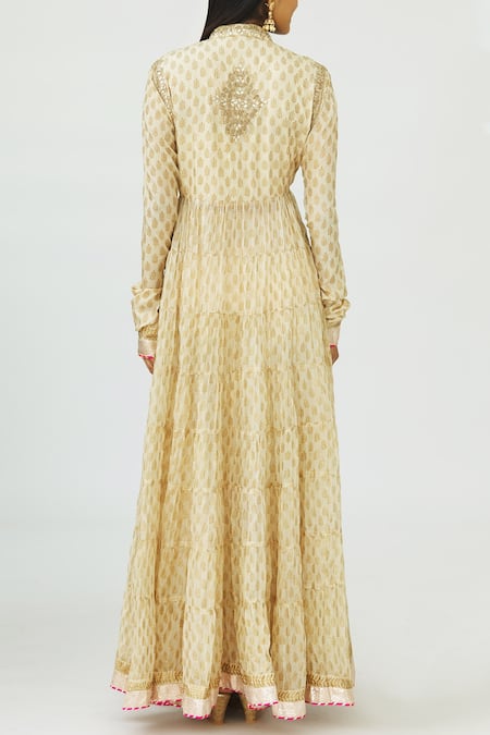 Shop Nazar By Indu Beige Pure Silk Stand Collar Printed Anarkali Set at Aza Fashions Shop_Nazar By Indu_Beige Pure Silk Stand Collar Printed Anarkali Set _at_Aza_Fashions