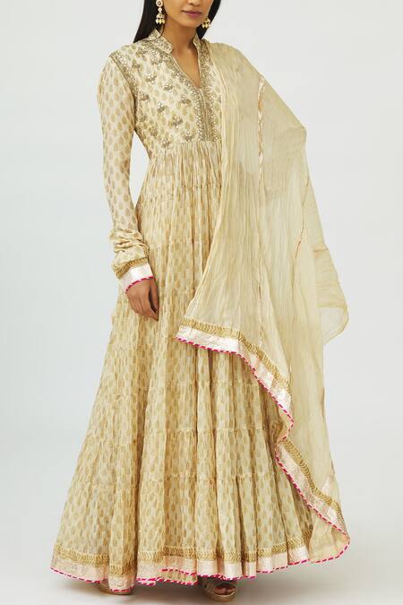 Nazar By Indu Beige Pure Silk Stand Collar Printed Anarkali Set Online at Aza Fashions Nazar By Indu_Beige Pure Silk Stand Collar Printed Anarkali Set _Online_at_Aza_Fashions