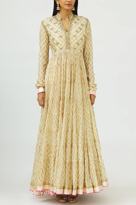 Buy Nazar By Indu Beige Pure Silk Stand Collar Printed Anarkali Set Online at Aza Fashions Buy_Nazar By Indu_Beige Pure Silk Stand Collar Printed Anarkali Set _Online_at_Aza_Fashions