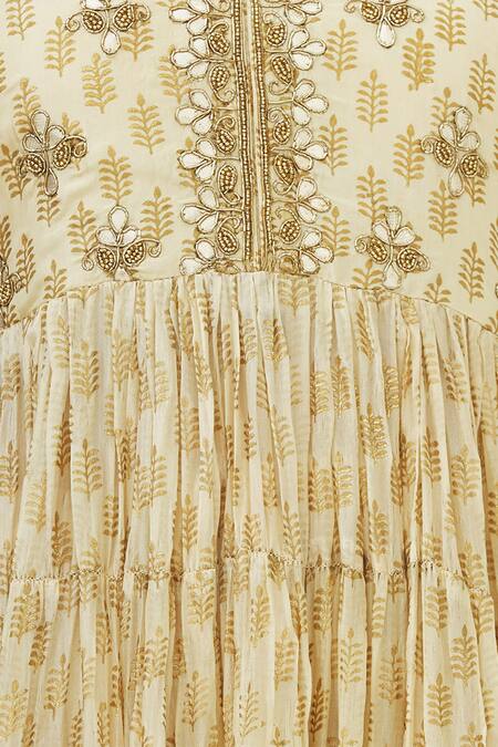 Nazar By Indu Beige Pure Silk Stand Collar Printed Anarkali Set at Aza Fashions Nazar By Indu_Beige Pure Silk Stand Collar Printed Anarkali Set _at_Aza_Fashions