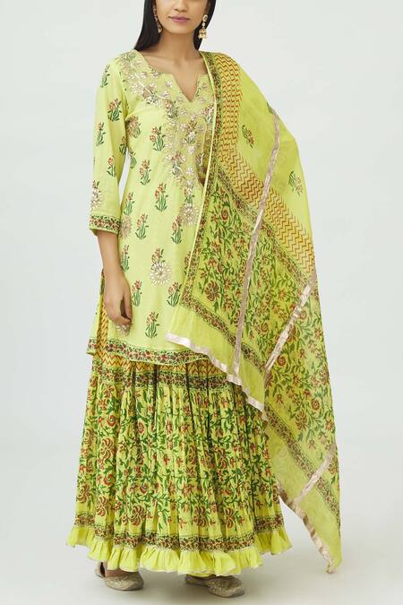 Nazar By Indu_Yellow Block Print Kurta Lehenga Set_Online_at_Aza_Fashions