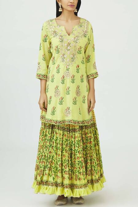 Buy_Nazar By Indu_Yellow Block Print Kurta Lehenga Set_Online_at_Aza_Fashions