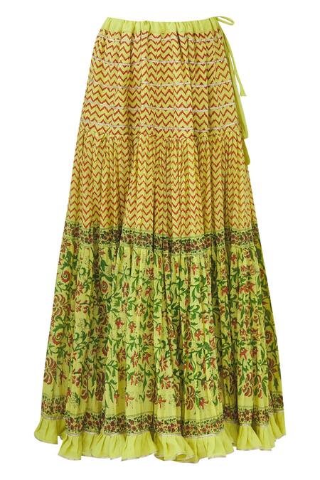 Shop_Nazar By Indu_Yellow Block Print Kurta Lehenga Set_Online_at_Aza_Fashions