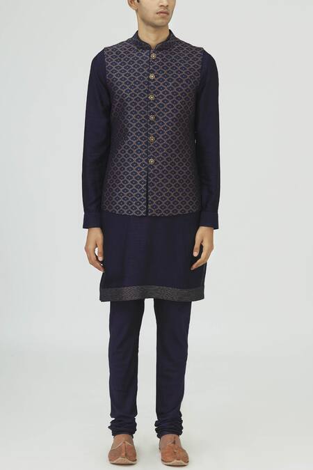 Vanshik_Blue Silk Bundi Kurta Set _Online_at_Aza_Fashions