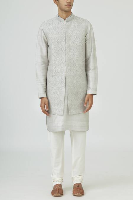 Vanshik_Silver Silk Bundi Kurta Set _Online_at_Aza_Fashions
